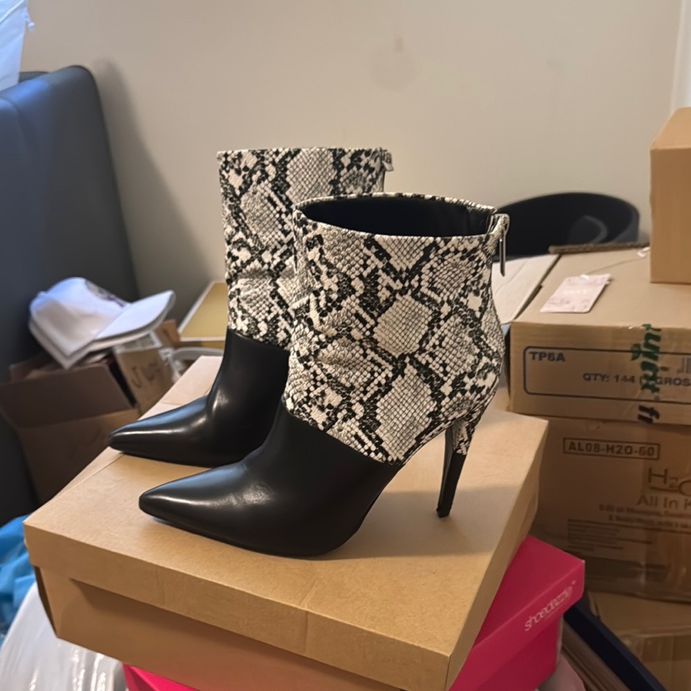 Black and White Snake Print Ankle Boots
